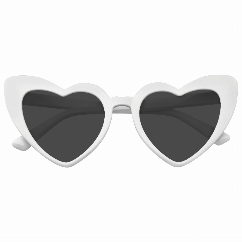 Heart-shaped cat-eye sunglasses for women with white frames and dark tinted lenses