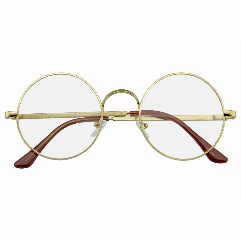 Round gold metal eyeglasses with clear lenses and brown temple arms