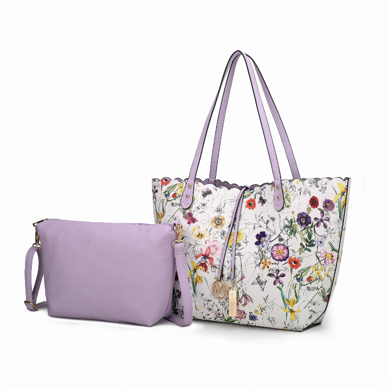 Floral reversible tote with scalloped top handles and lavender pouch on side