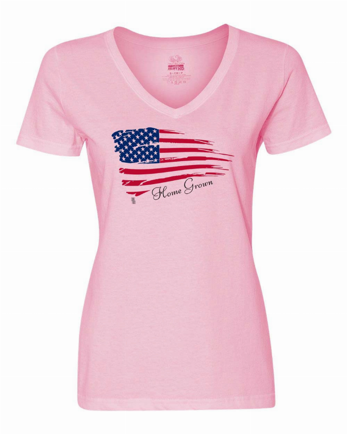 Women’s pink V-neck T-shirt with flag “Home Grown” graphic, size XL