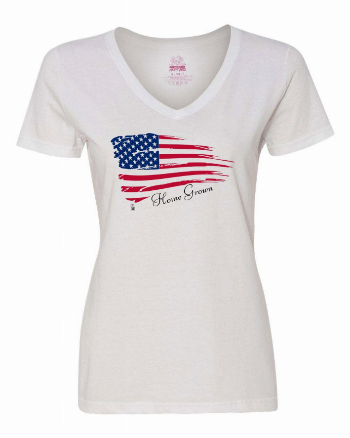 Light women's V-neck T-shirt with centered American flag graphic