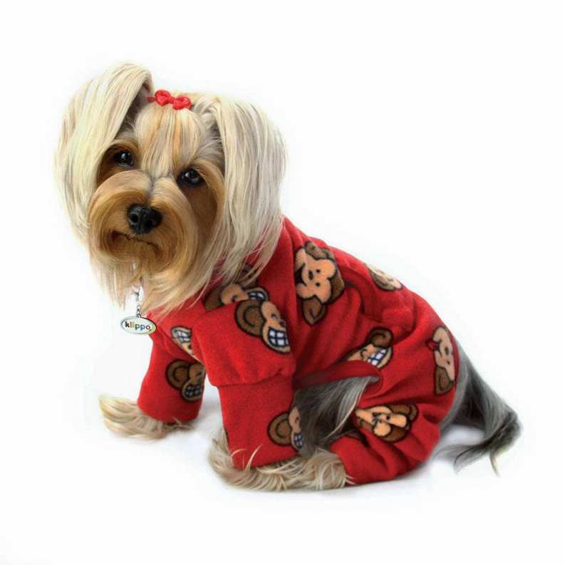 Red fleece turtleneck pajama onesie with cartoon monkey faces, long sleeves