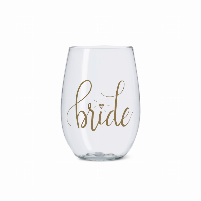 Bride/Bridesmaid Durable Plastic Stemless Wine Cups with Gold Logo 16 oz. - Bride / 1 - Kitchen