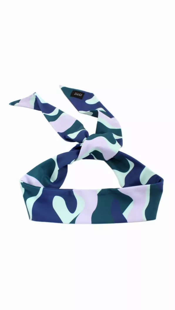 Sport headtie with navy, teal, and purple wave camo pattern, folded with knot