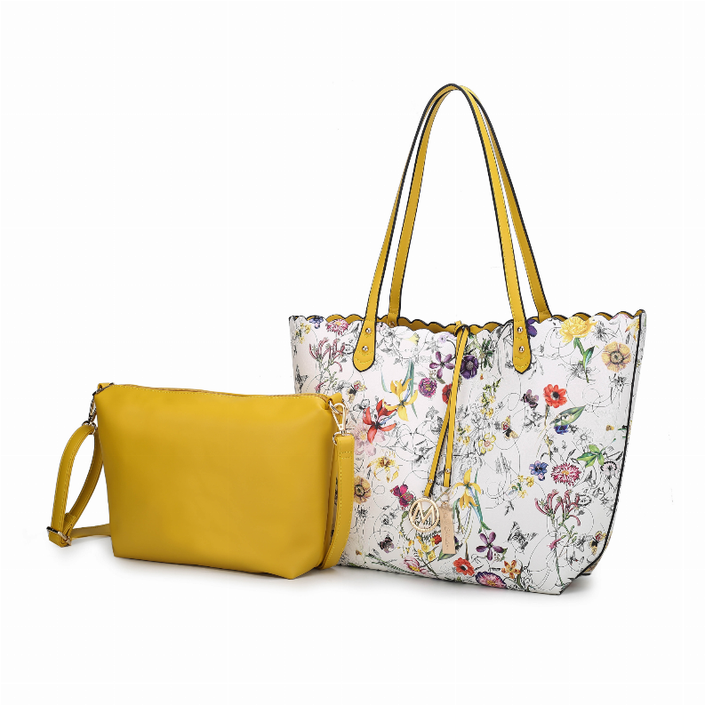 Shopper tote bag with floral print and yellow handles, plus zip pouch for crossbody