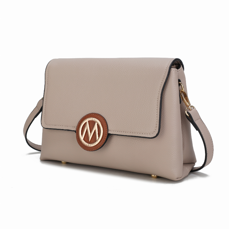 Taupe crossbody bag with front flap and round logo medallion, gold clasp, shoulder strap