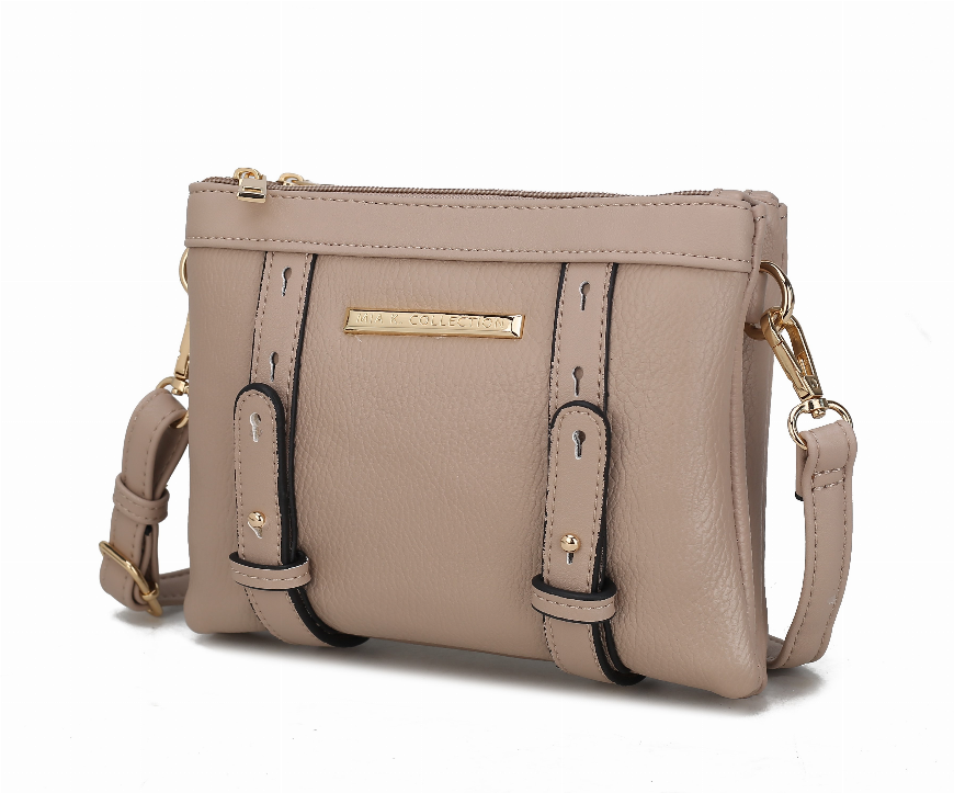 Taupe crossbody bag with top zip closure, adjustable strap, and gold chain hardware.