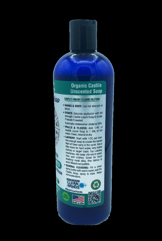 Blue unscented liquid castile soap bottle, back label with cleaning and hand-wash notes