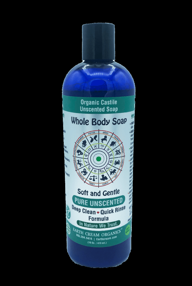Blue castile soap bottle with Pure Unscented label and circular emblem