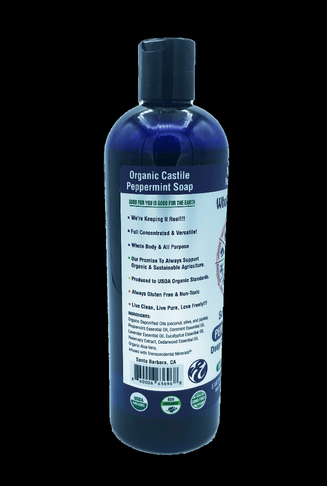 Blue organic castile peppermint liquid soap bottle with usage and claims panel