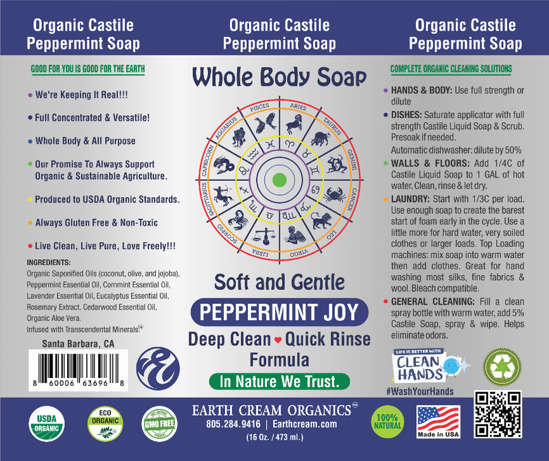 Organic castile peppermint soap label collage with icons and Whole Body Soap