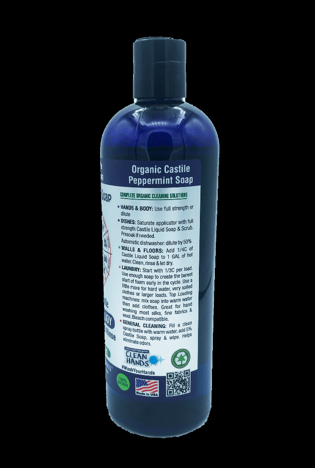 Blue organic castile peppermint liquid soap bottle with dark cap