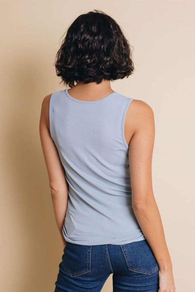 Light blue ribbed sleeveless tank top, back view