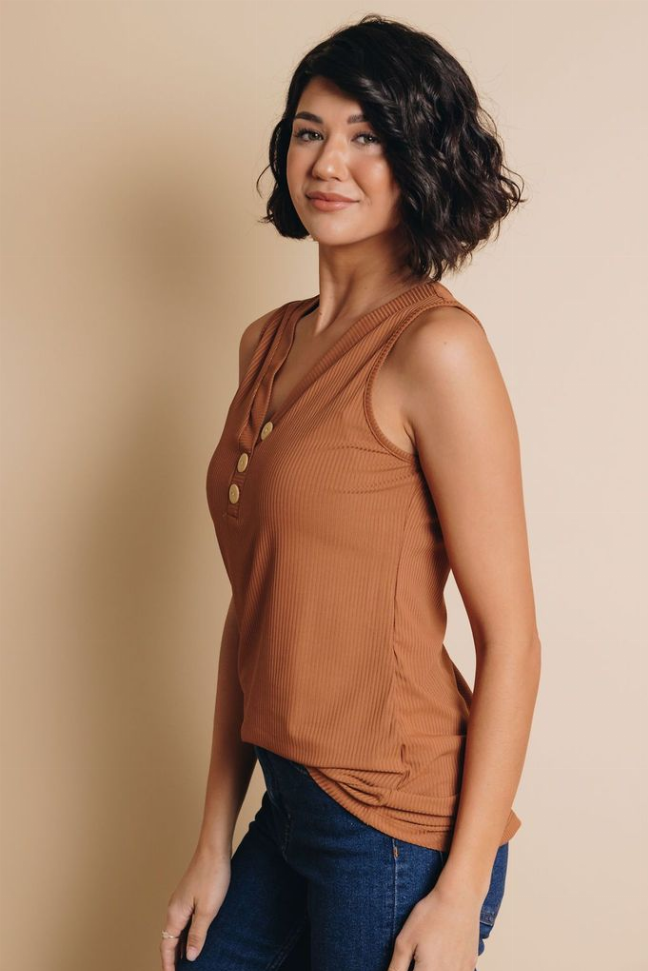 Rust ribbed button tank top, sleeveless V-neck with three snap buttons