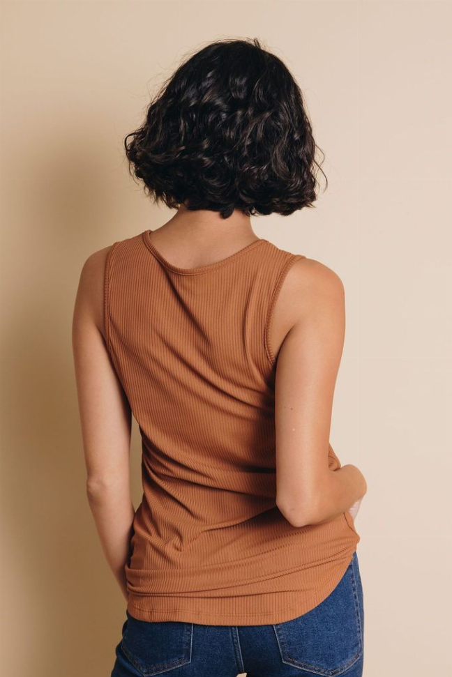 Rust ribbed button tank top, sleeveless with scoop back and curved hem