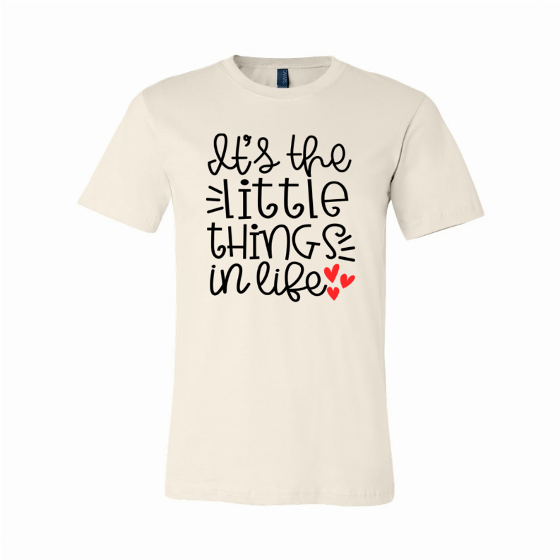 Cream crewneck T-shirt with 'little things in life' lettering and red heart