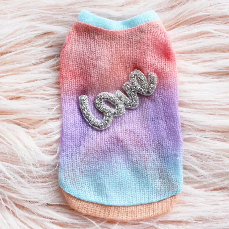 Gradient knit pet sweater in pink, purple, and blue with 'Love' glitter print