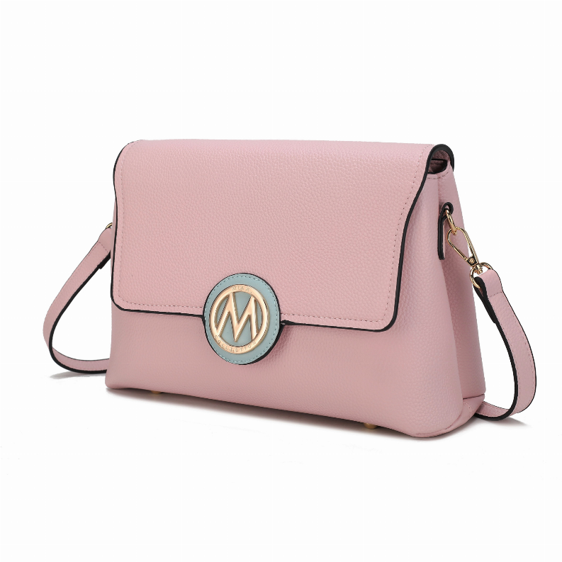 Pink leather-look crossbody bag with flap, gold-tone hardware and round logo emblem