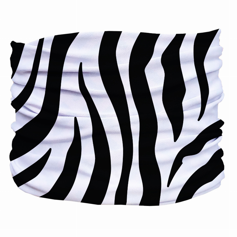 Zebra-striped pet scarf tube in black and white, gathered edges