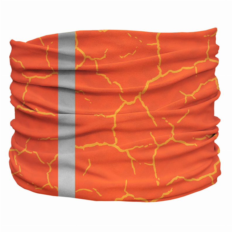 Orange tubular scarf with yellow network lines and gray center stripe