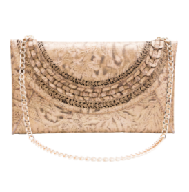 Natural cork clutch with scalloped braided front and long chain shoulder strap