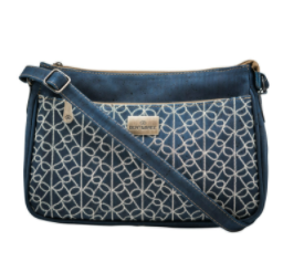 Navy cork crossbody bag with geometric pattern and top zip, crossbody strap