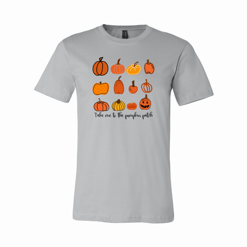 Light gray crew-neck T-shirt with orange pumpkin and jack-o’-lantern graphic