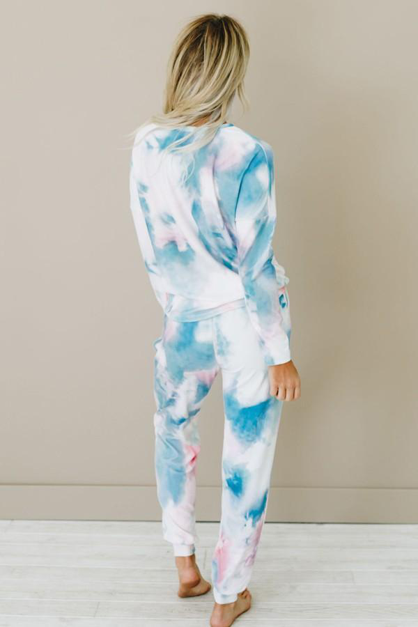 Tie-dye loungewear set with long-sleeve top and jogger pants, rear view