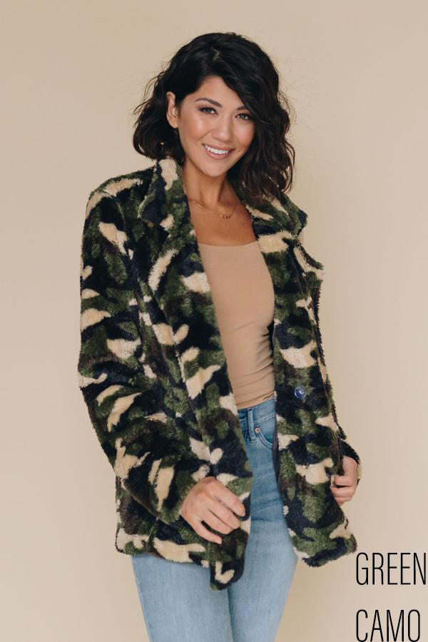 Camouflage fleece coat with hood, front view, open front; dark green and cream