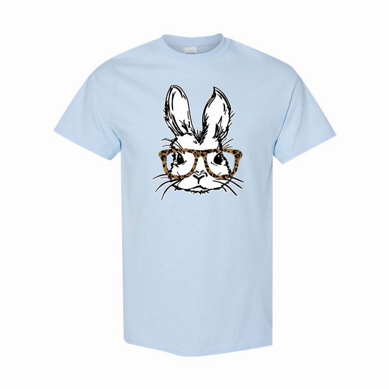 Light blue bunny graphic T-shirt with leopard-print glasses, short sleeves