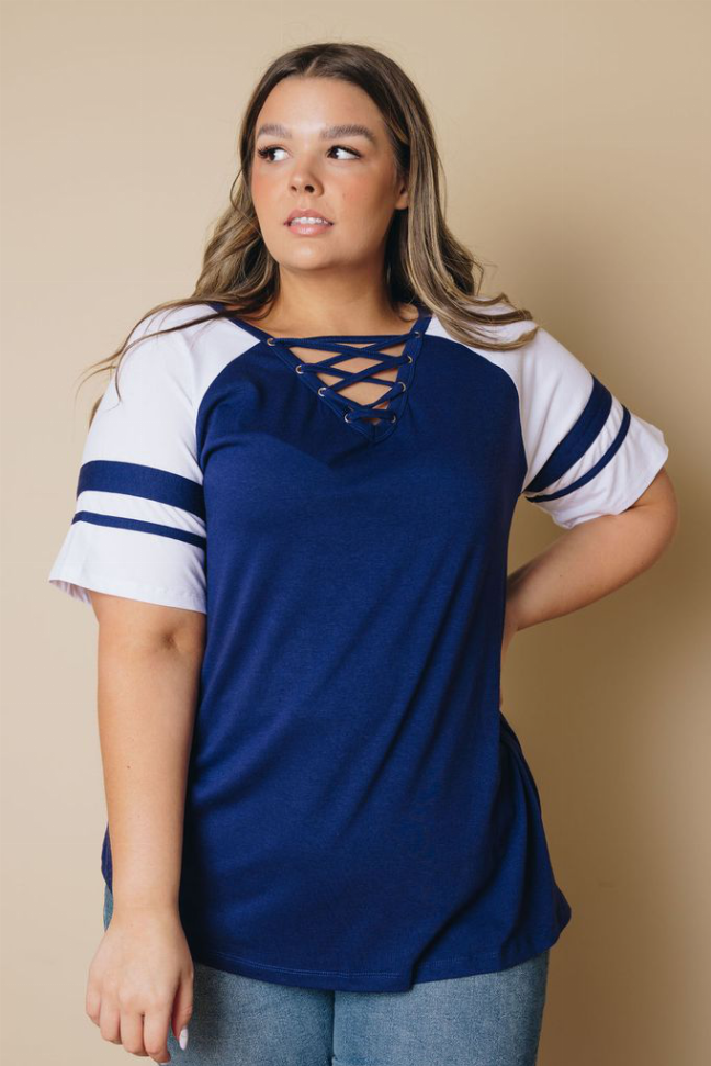 Plus size crisscross neck tee, navy body with white raglan sleeves and striped cuffs