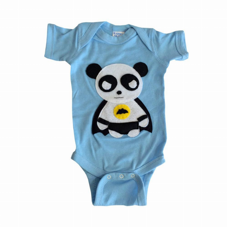 Light blue short-sleeve baby bodysuit with panda hero graphic on front
