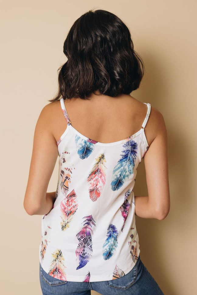 White feather-print V-back tank top with thin adjustable straps