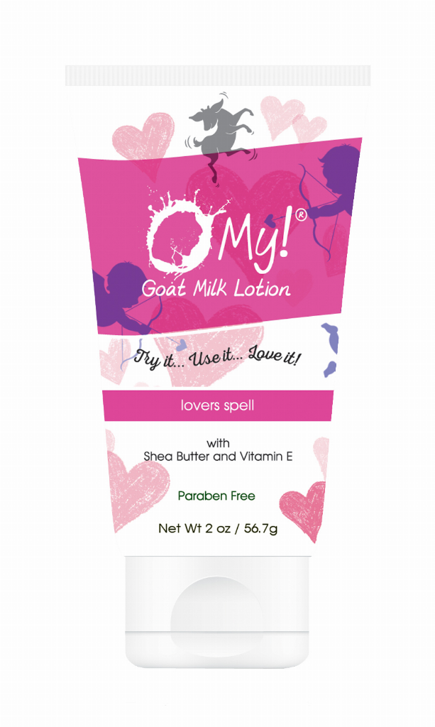 Goat milk lotion bottle with pink, purple My! label and net wt 2 oz