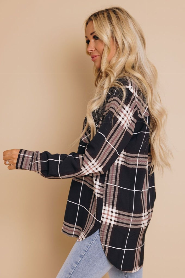 Plaid button-up shirt with long sleeves, black base and pink-white grid lines