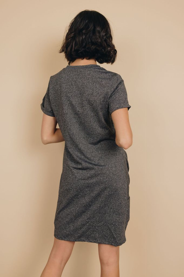 Dark gray heather knotted mini dress, back view with gathered side hem