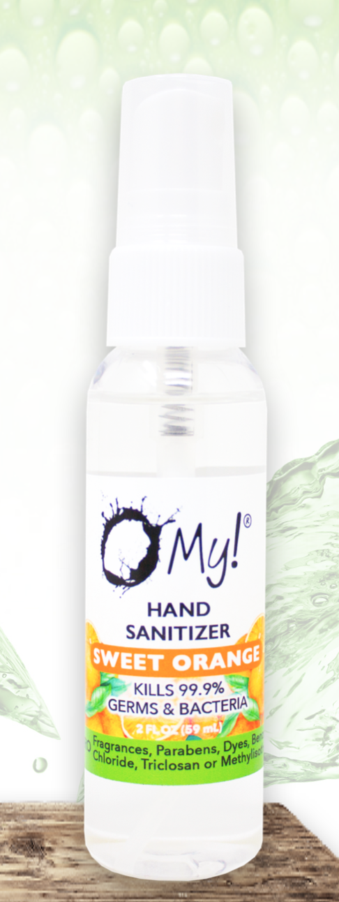 White hand sanitizer bottle with tall cap, Sweet Orange label