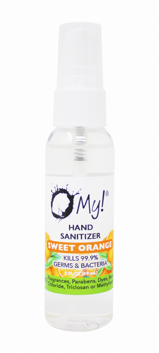 White hand sanitizer bottle with spray nozzle, Sweet Orange front label