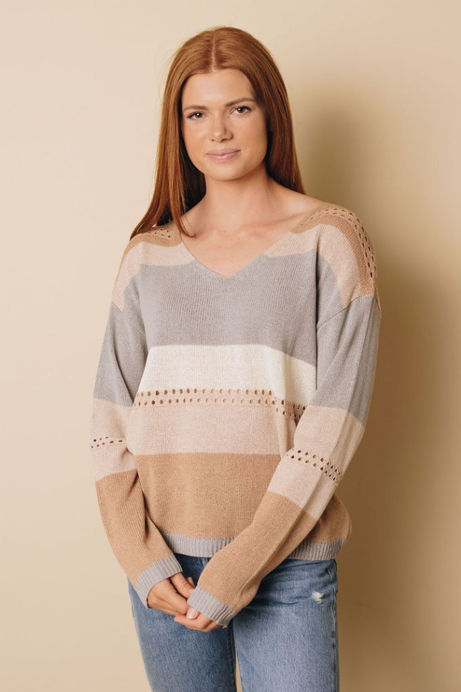 Knitted color block sweater with V-neck and striped bands, long sleeves, ribbed hem