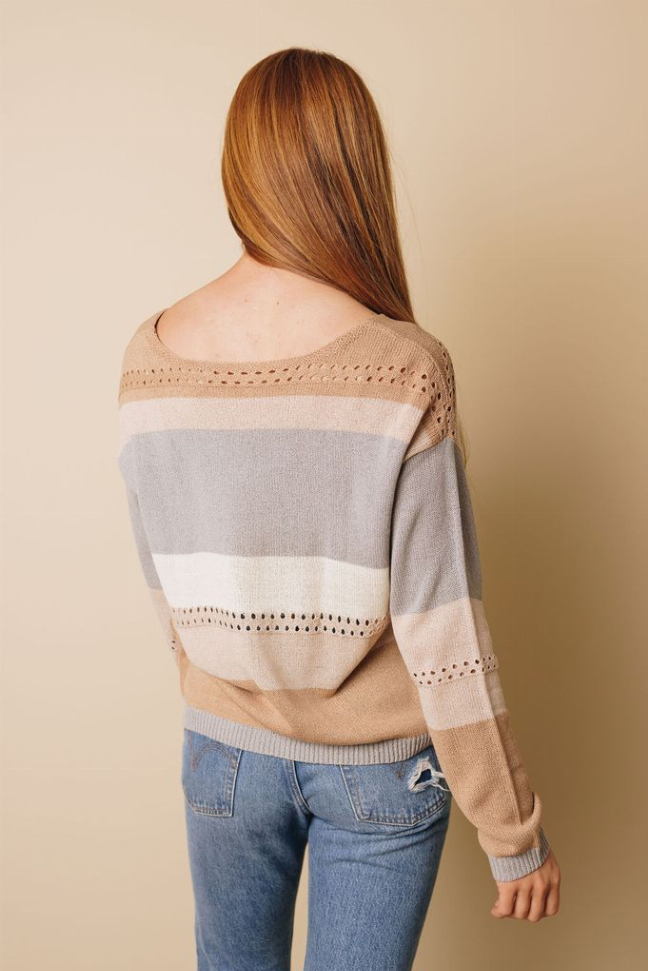Back view of knitted color block sweater with horizontal stripes, long sleeves, ribbed cuffs