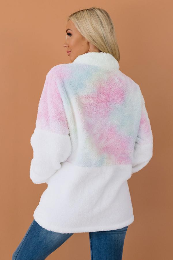Fuzzy tie-dye pullover, back view with pink and light blue center panel