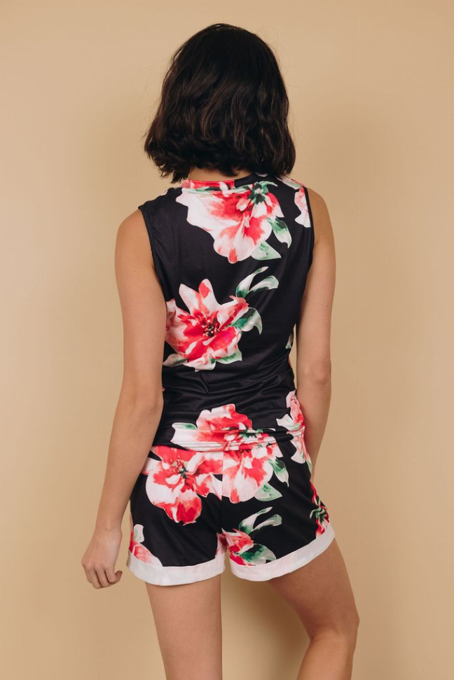 Black floral sleeveless lounge set with full back flower print and white-trim shorts
