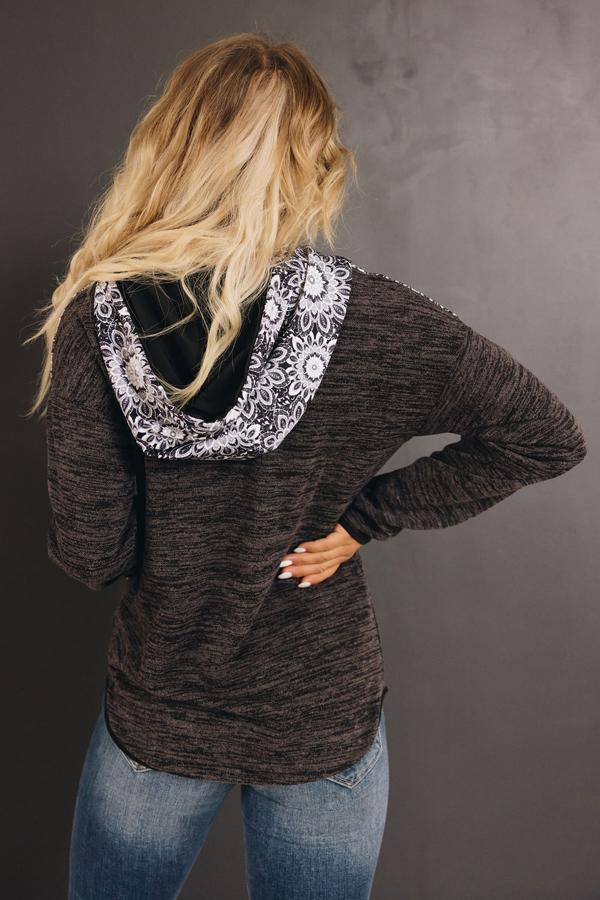 Dark heather hoodie back with tribal-lined hood and front pocket
