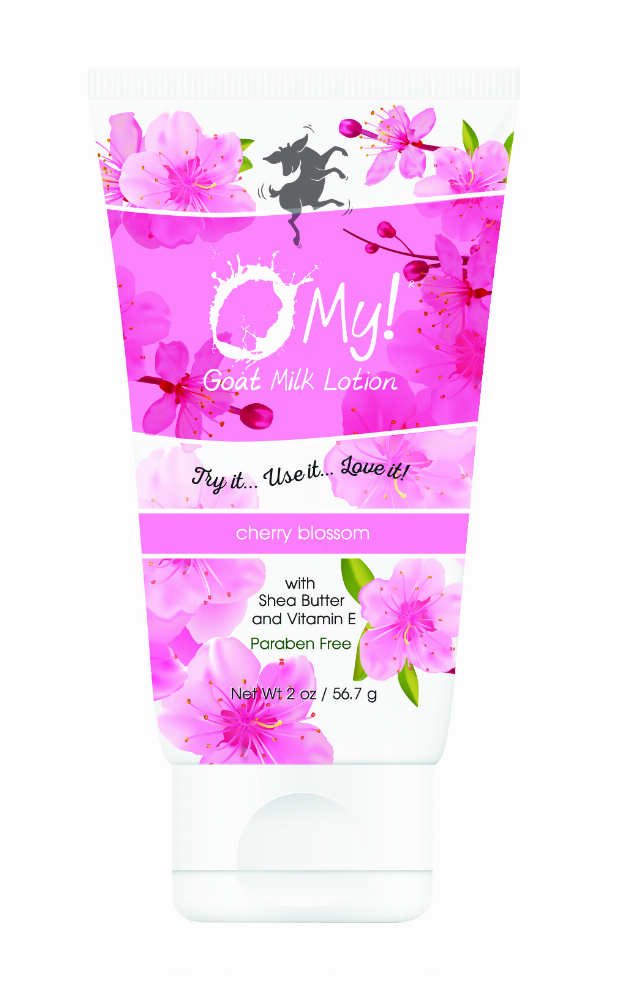 O My! goat milk lotion tube with cherry blossom scent text and 2 oz size.