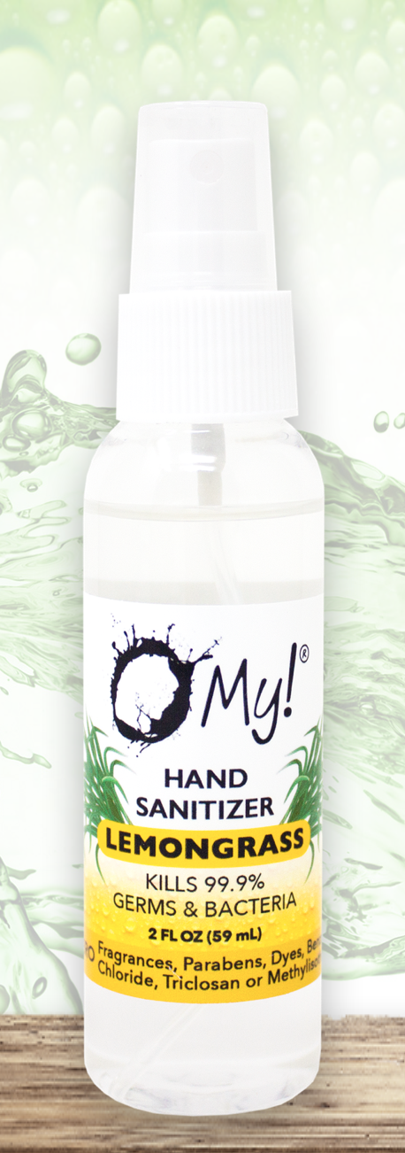 Hand sanitizer bottle with white pump cap and Lemon label, full body front