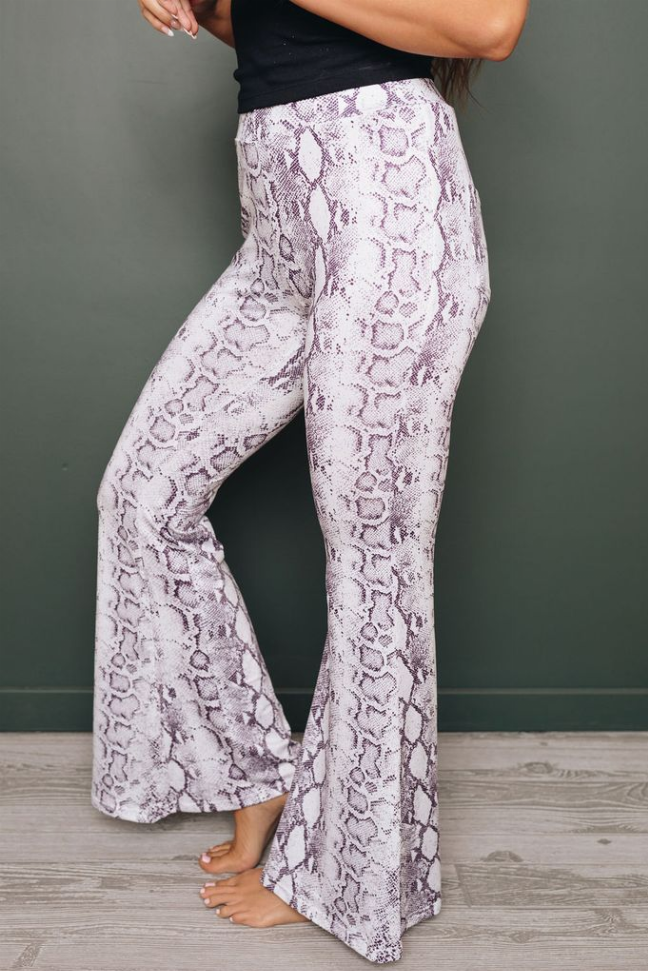 Purple snakeskin-print wide-leg pants, full length side view