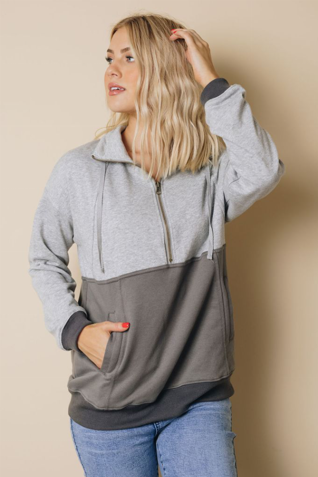 Colorblock quarter-zip sweatshirt, heather gray upper and dark gray lower panels