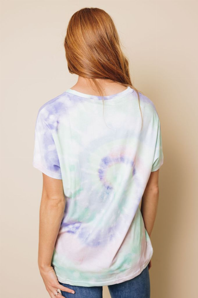 Pastel tie-dye t-shirt with low scoop back, mint and lavender swirl pattern, rear view