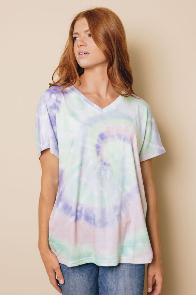 Pastel tie-dye V-neck t-shirt with purple and mint swirl pattern