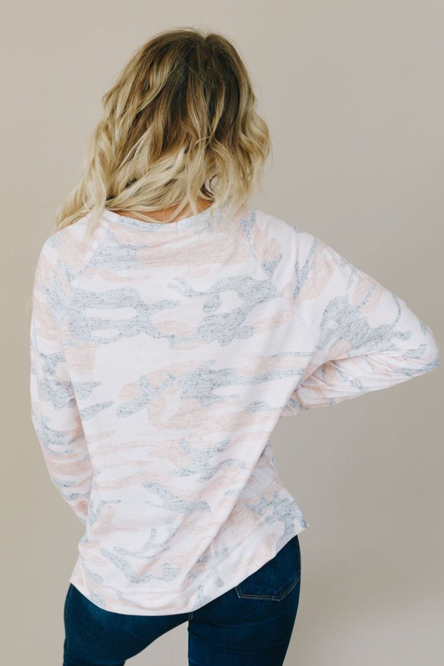 Light blue and white camo pullover, back view, long sleeves and crew neck